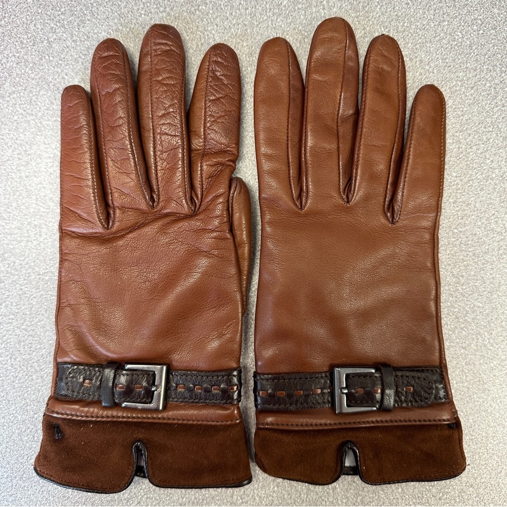 Brown Leather Gloves with Elastic Wrist and Quality Stitching